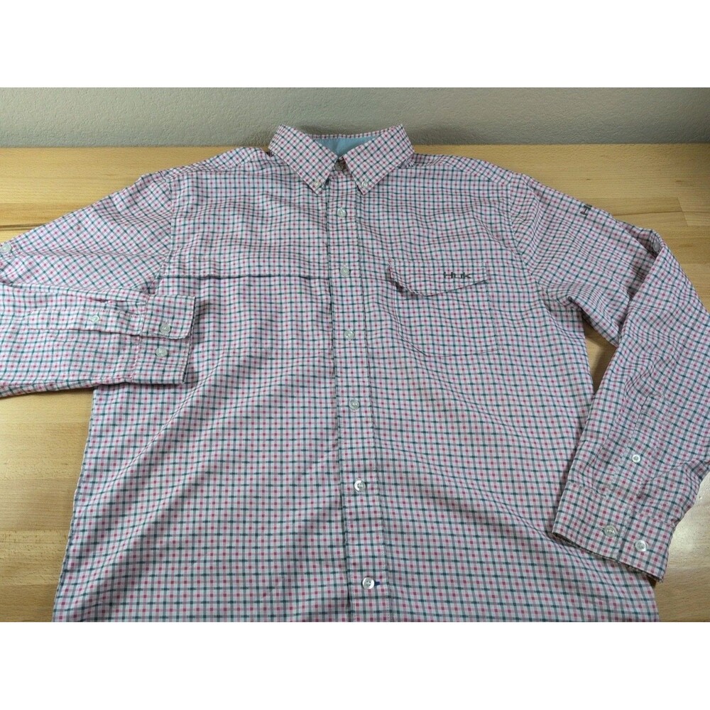 Huk Fishing Shirt Mens Medium Pink Plaid Long Sleeve Performance Button Up